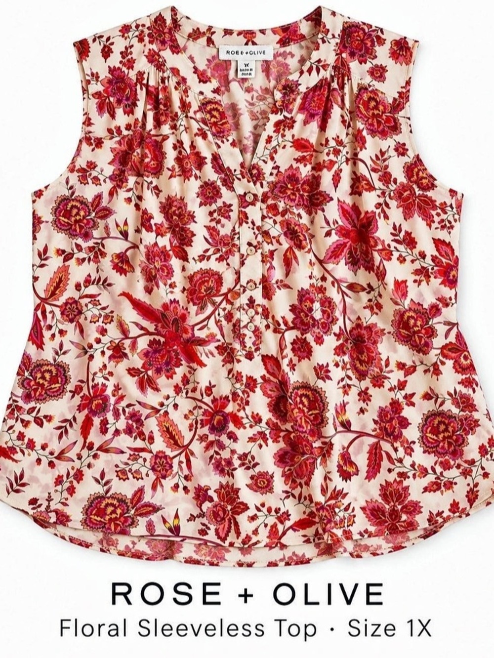 Rose + Olive Floral Sleeveless Top Blouse Pink & Red Size 1X
